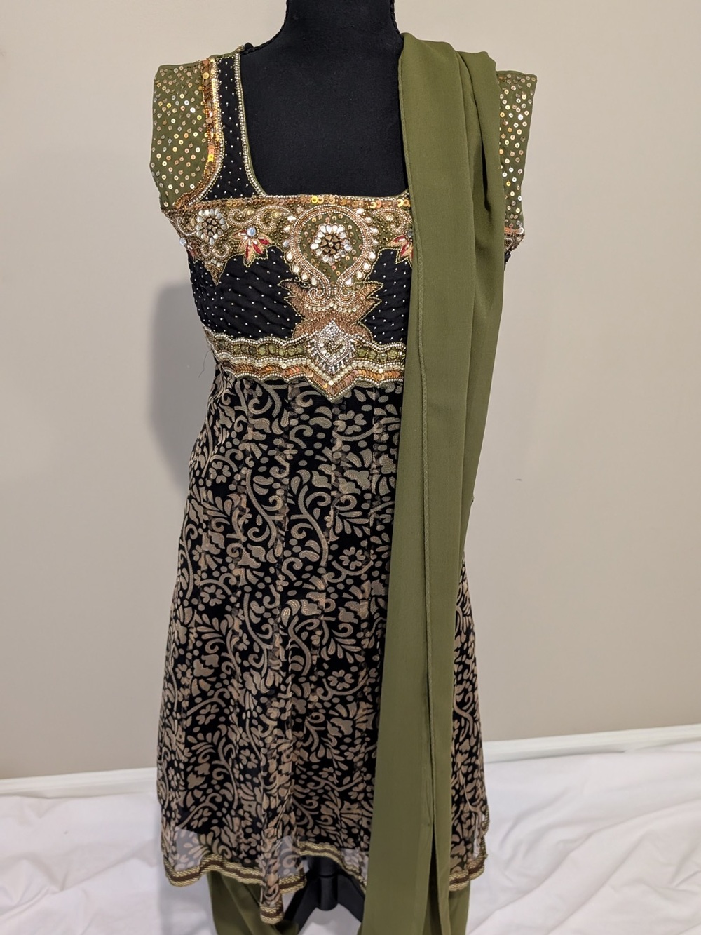 Embellished Black and Olive Green Salwar Dress